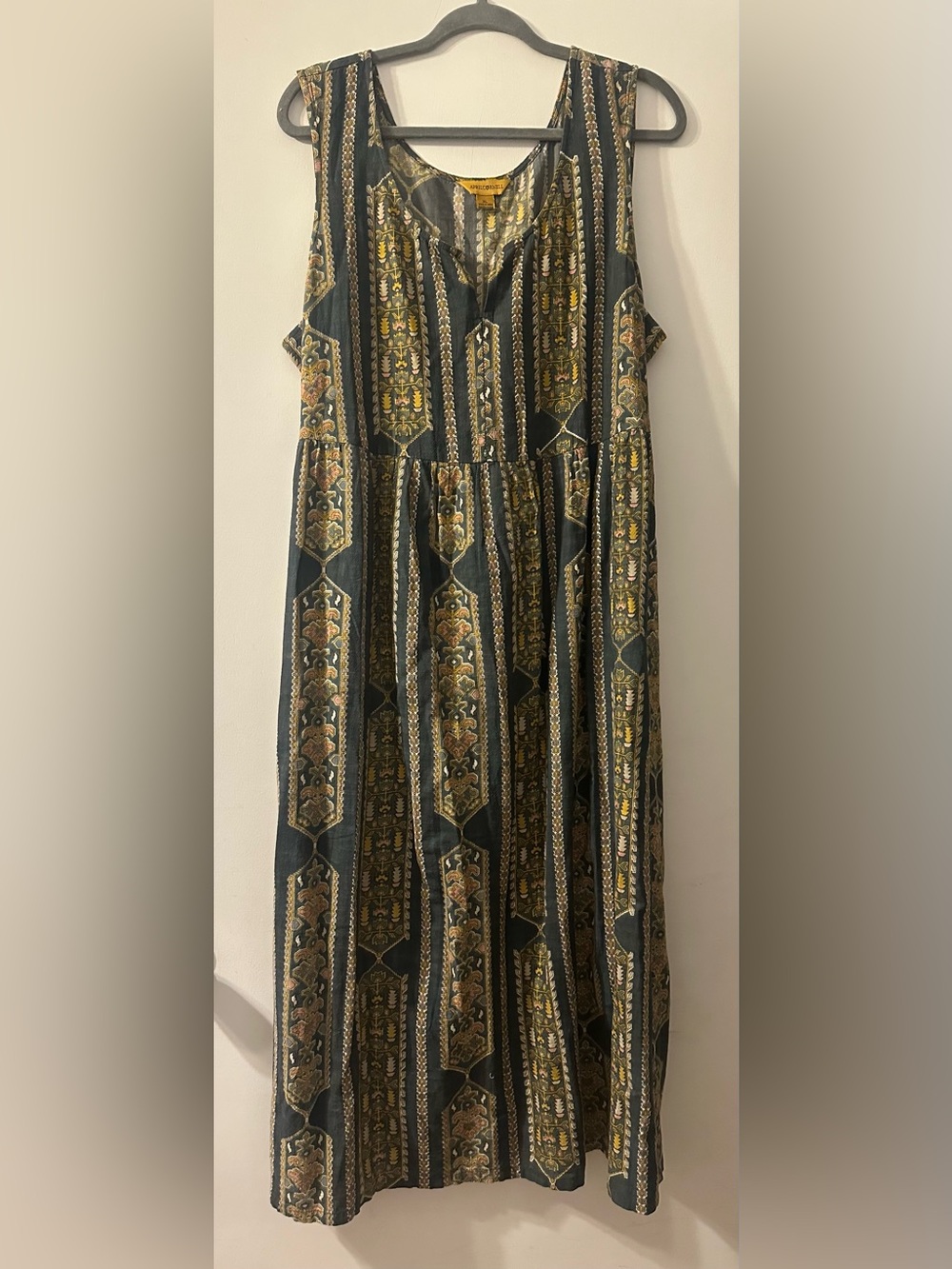April Cornell  Peru Dress Grey Yellow Cottagecore Maxi Dress Size XL